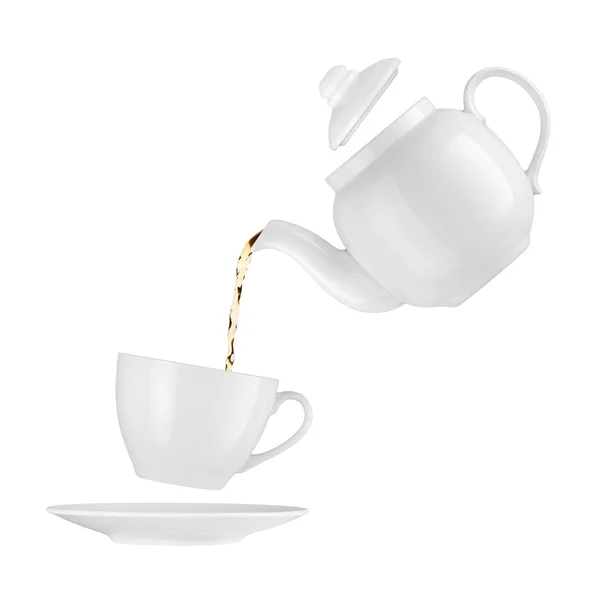 Teapot pouring tea into a cup on a white background — Stock Photo, Image