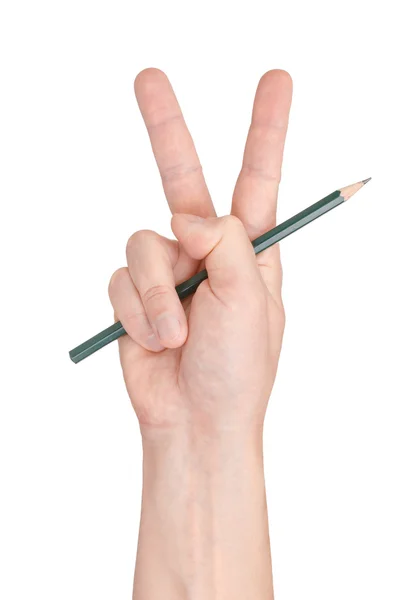 Victory and pencil. Gesture of the hand on white background. — Stock Photo, Image