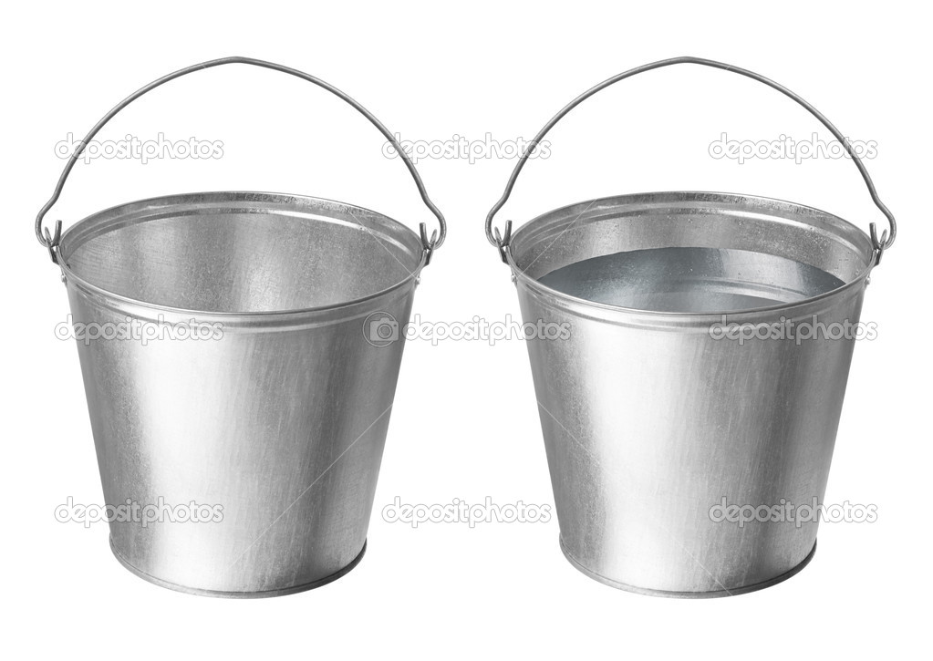 Metallic buckets on a white background