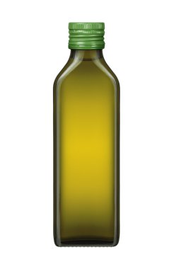 Beyaz arka planda zeytin yağı şişesi