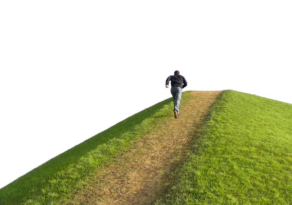 Caminho ao cimo da colina contra o céu. O homem correu para o topo. Símbolo — Fotografia de Stock