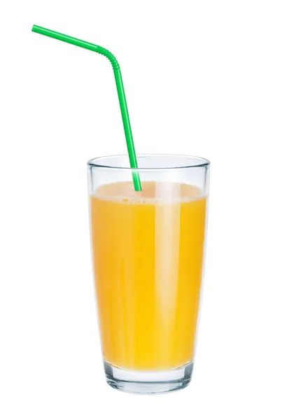 Frischer Saft im Glas und Trinkhalme auf weißem Hintergrund — Stockfoto