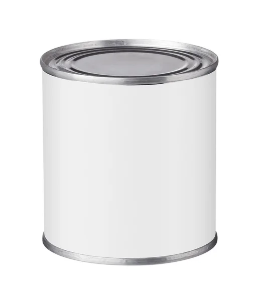 Tin can with a blank label on a white background — Stock Photo, Image