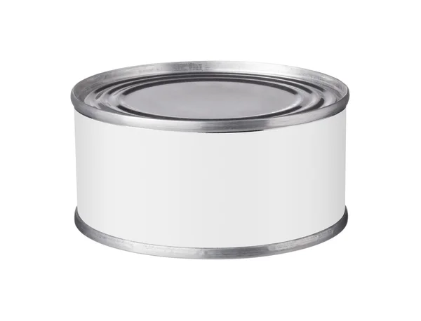 Tin can with a blank label on a white background — Stock Photo, Image