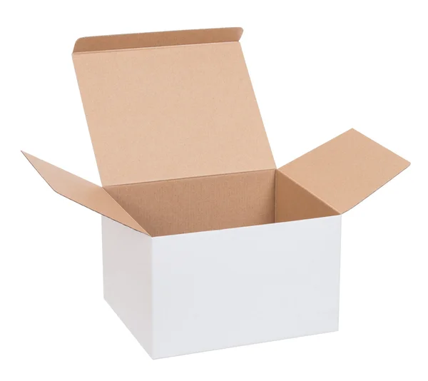 Abrir caixa de papelão em um fundo branco — Fotografia de Stock