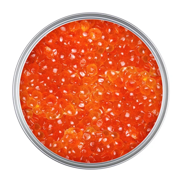 Caviar vermelho em lata em um fundo branco — Fotografia de Stock