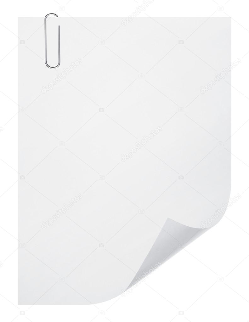 blank paper sheet and paper clip on white background