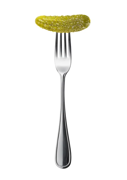 Marinated pickled cucumber on a fork isolated on a white backgro — Stock Photo, Image