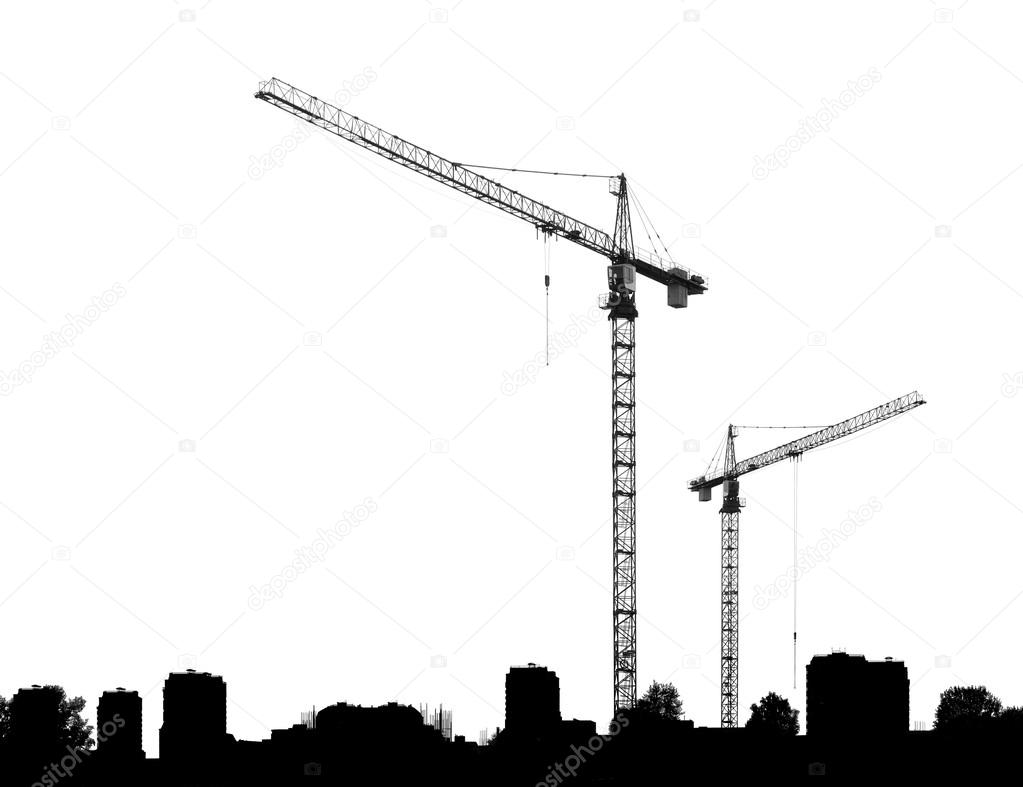 Construction cranes and silhouettes buildings on a white backgro