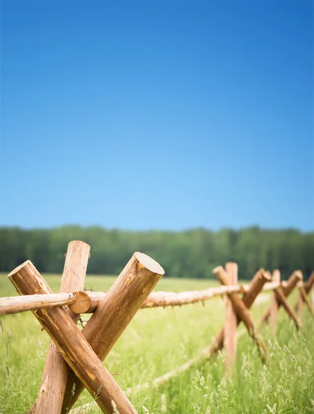 Деревянный забор в поле ограждает фермерское хозяйство — стоковое фото