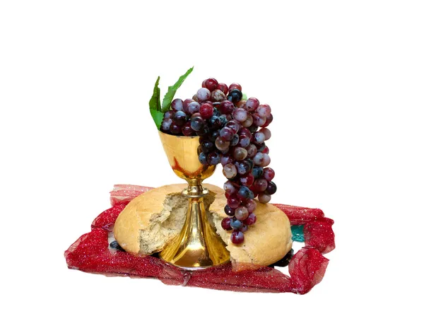 Simbolo del cristianesimo uva, pane e vino in coppa Immagini Stock Royalty Free