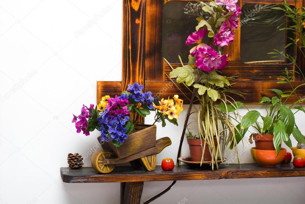 Still life from different flowerpots on shelf
