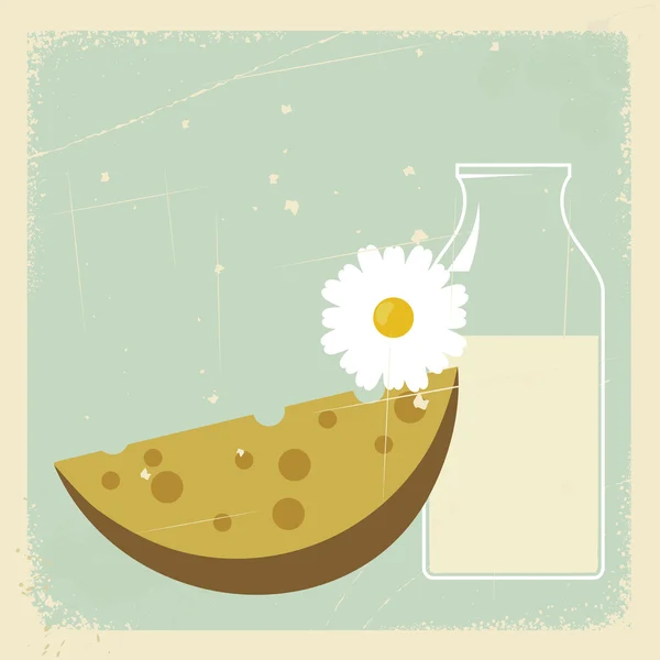 Postal vintage con una botella de leche y queso. eps10 — Vector de stock