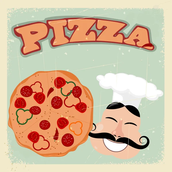 Postal vintage con pizza y cocinero. eps10 — Vector de stock