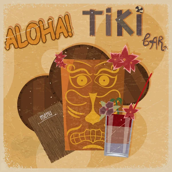 Vintage postcard - for tiki bar sign - featuring Hawaiian masks, — Stock Vector