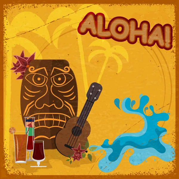 Vintage postcard with featuring Hawaiian masks, guitars and coc — Stock Vector