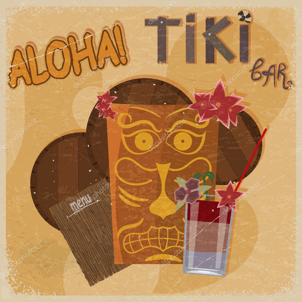 Vintage postcard for tiki bar sign featuring Hawaiian masks, Stock