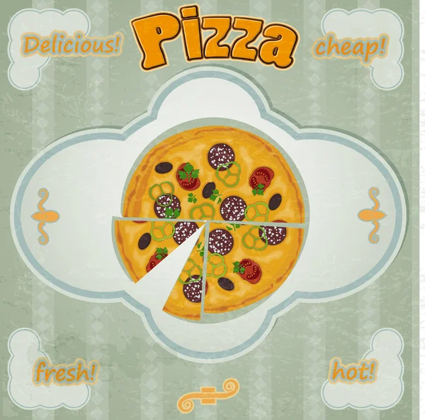 Vintage card with a picture of pizza with a cut piece. — Stock Vector