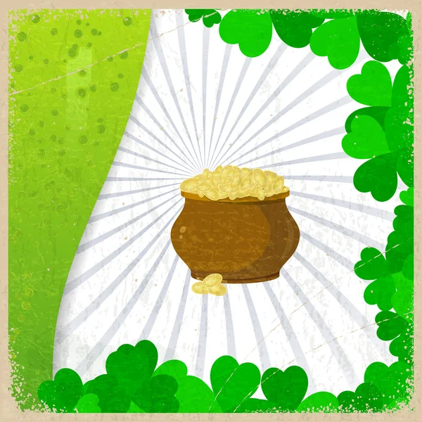 Vintage-Hintergrund mit dem Bild Blatt Kleeblätter und Töpfe mit Goldmünzen - ein Symbol der St. Patrick 's Day. — Stockvektor