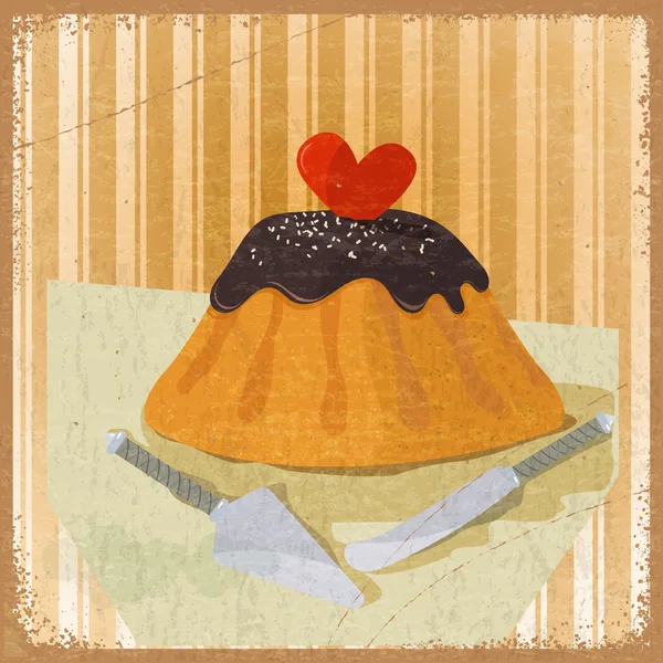 Cartão vintage com uma foto de bolo para o Dia dos Namorados, uma faca e escápula —  Vetores de Stock