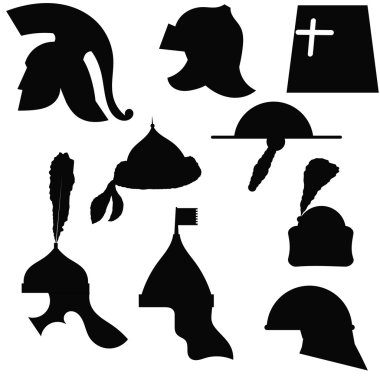 A set of silhouettes of medieval military helmets clipart
