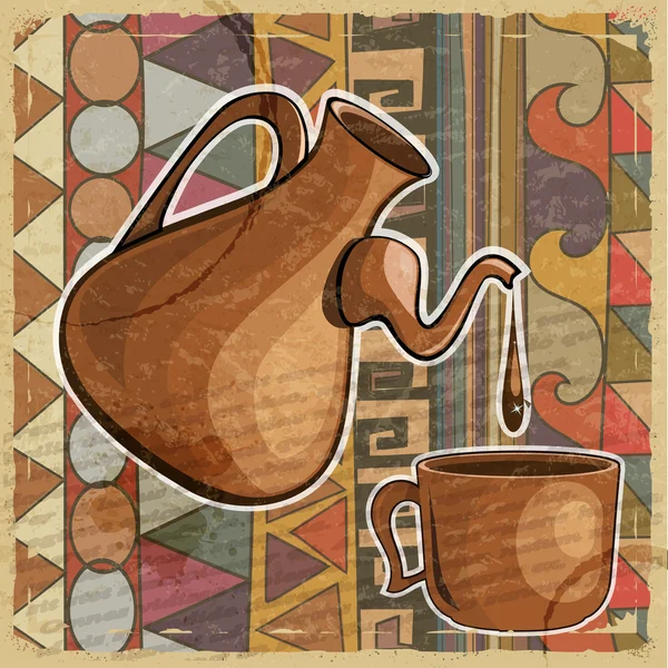 Kaffeekanne und Tasse Kaffee über die ethnischen Muster — Stockvektor