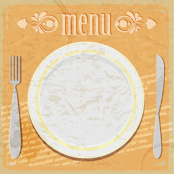 Carte ancienne - le menu du restaurant - avec assiettes, couteau et — Image vectorielle