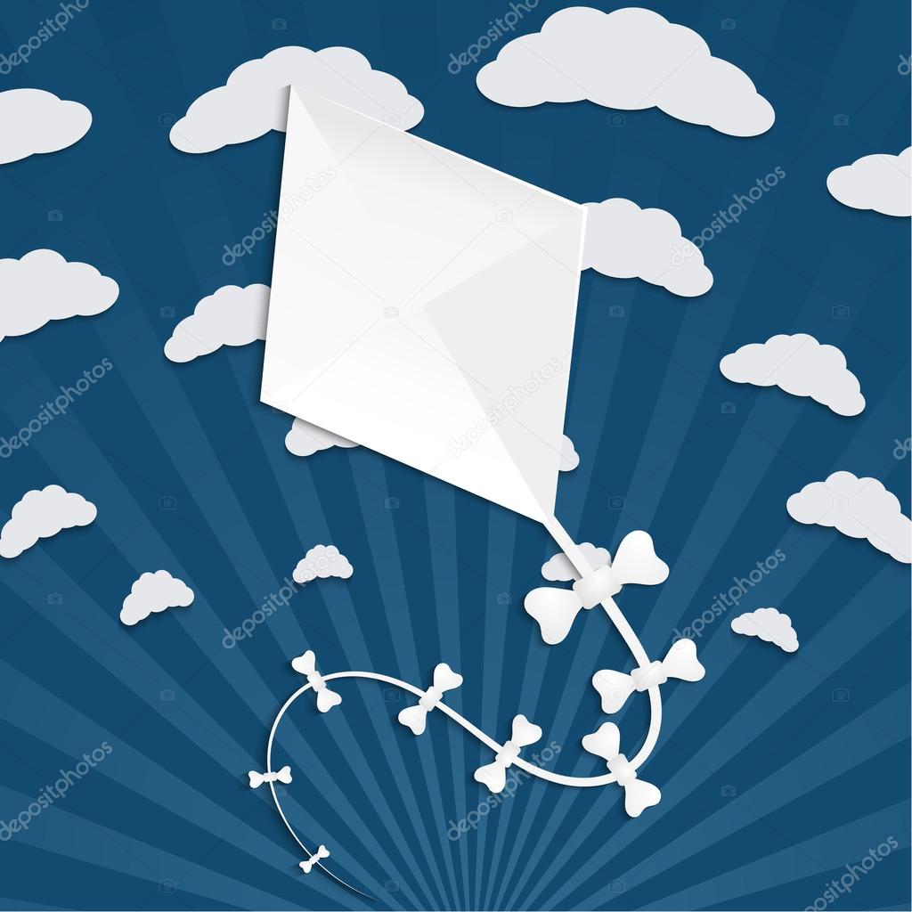 Kite on a blue background with clouds and rays