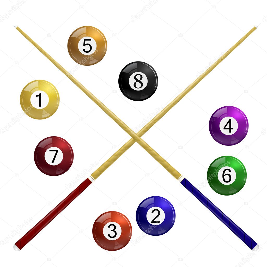 Two cue and billiard balls on a white background