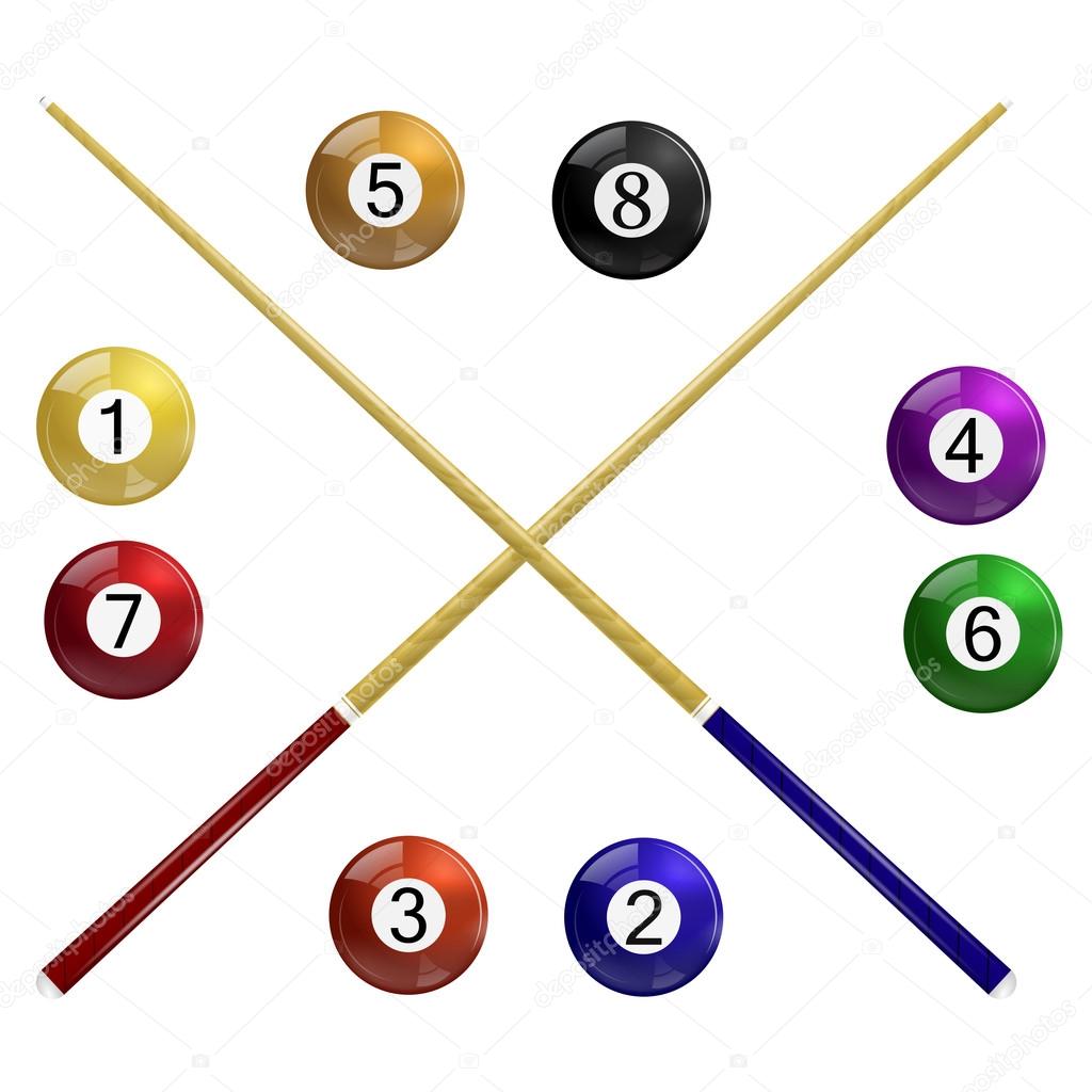 Two cue and billiard balls on a white background