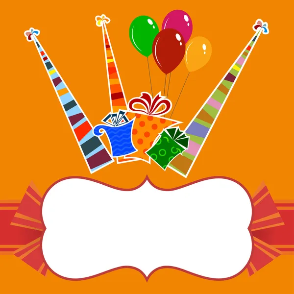 Fondo naranja con sombreros de fiesta rayados y regalos — Vector de stock