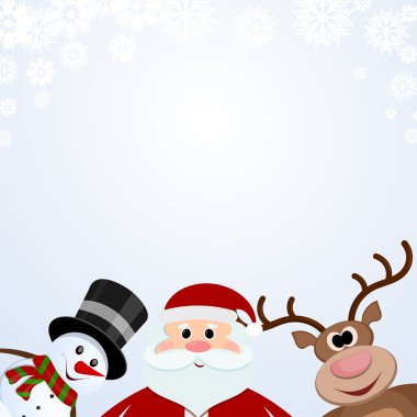 Karlı arka planda Noel Baba, kardan adam ve ren geyiği