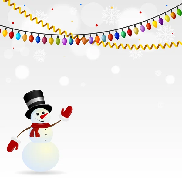 Festive snowman in hat on the background with garlands — Stock Vector