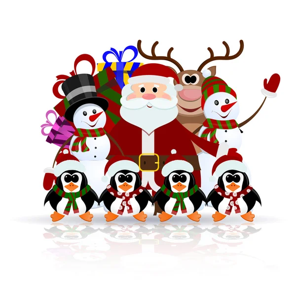 Babbo Natale, pinguini, renne e pupazzo di neve sul ghiaccio - greetin — Vettoriale Stock