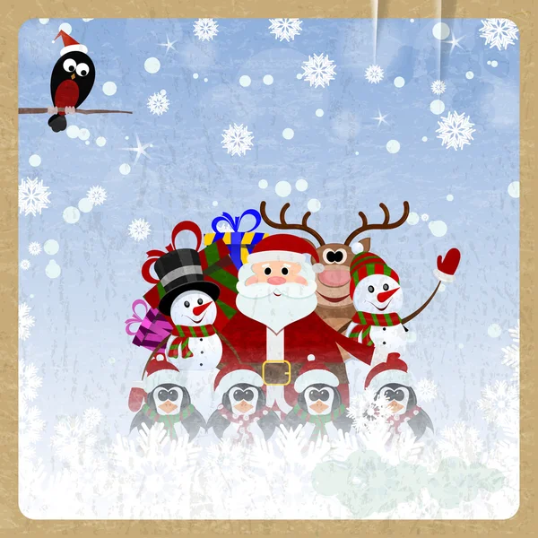 Greeting Christmas card with Santa Claus, reindeer, snowman, pen — Stock Vector