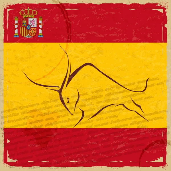 Grunge spanische Flagge mit dem Emblem und der Silhouette eines Stiers — Stockfoto