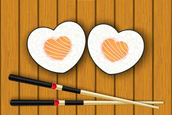 Heart-shaped sushi and chopsticks — Stock Vector