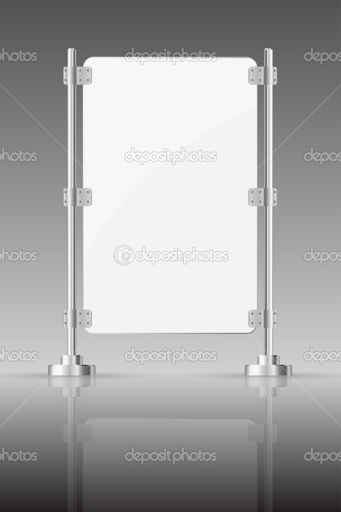 Glass screen with metal racks on a dark background with reflect