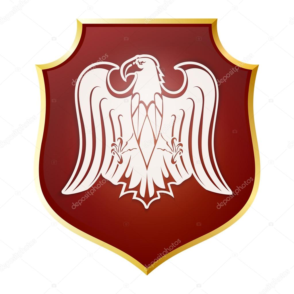 White silhouette of an eagle on a red shield