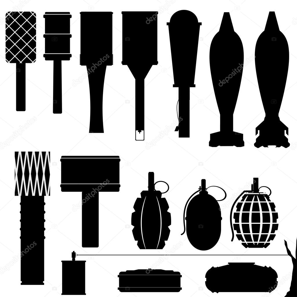 Set of silhouettes of grenades and mines