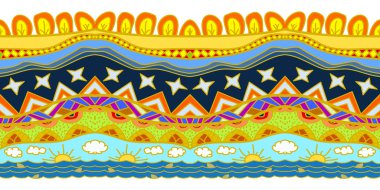 Deniz, güneş, yıldızlar ve ağaçlarla kusursuz desen. Stok vektörü