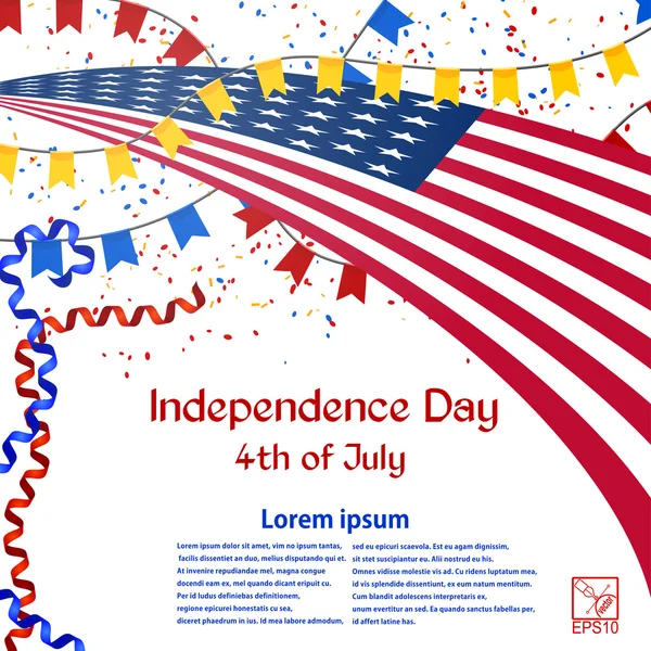 Cartão de Dia da Independência com bandeira americana, confetes e streamers — Vetor de Stock
