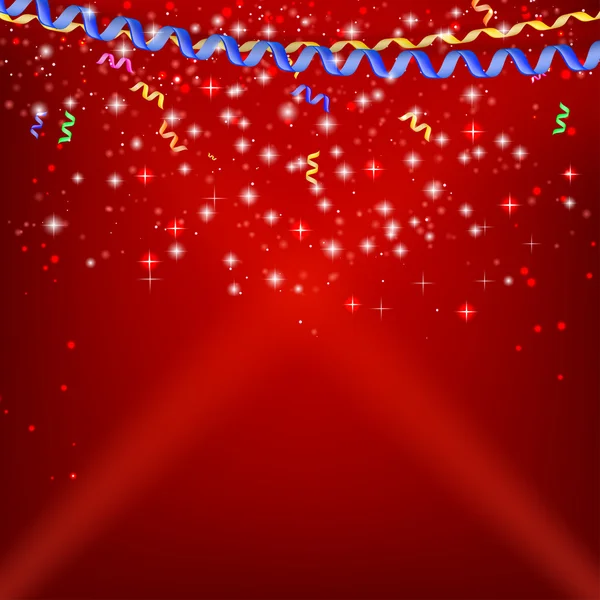 Confettis, rubans et banderoles sur fond rouge festif.Vect — Image vectorielle