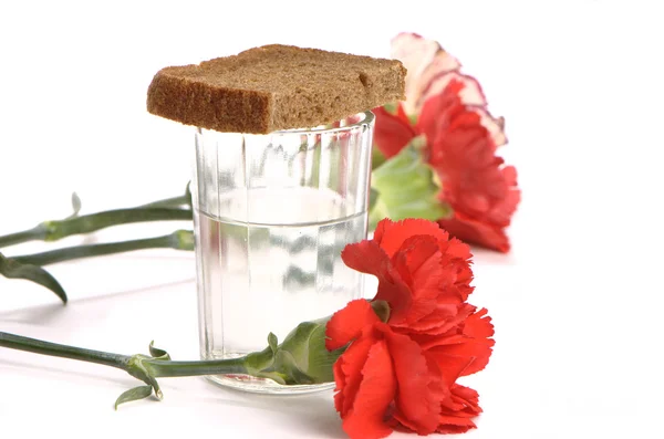 Glass of vodka and a red carnation on white background — Stock Photo, Image