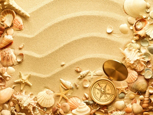 Sea shells and old compass with sand — Stock Photo © smaglov #16911445