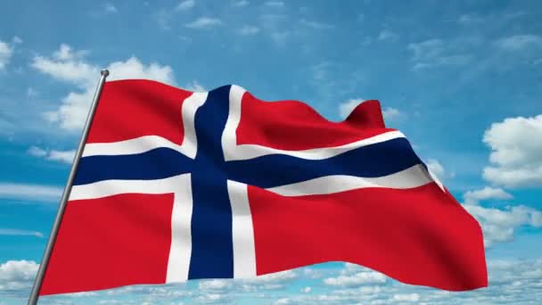 Noorwegen vlag zwaaien tegen time-lapse wolken achtergrond — Stockvideo