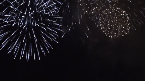 Vakantie vuurwerk in slow motion over de zwarte hemel achtergrond — Stockvideo