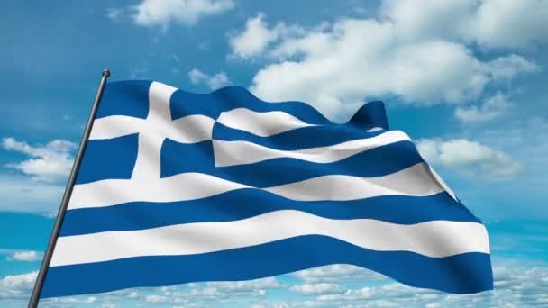 タイムラプス雲の背景に対して手を振っているギリシャの国旗 — ストック動画