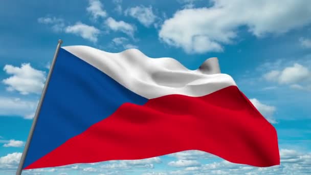 Tsjechische vlag zwaaien tegen time-lapse wolken achtergrond — Stockvideo