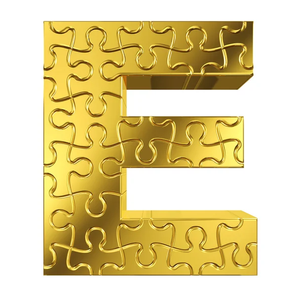 Puzzel brief e in goud metaal op een witte achtergrond geïsoleerde — Stockfoto